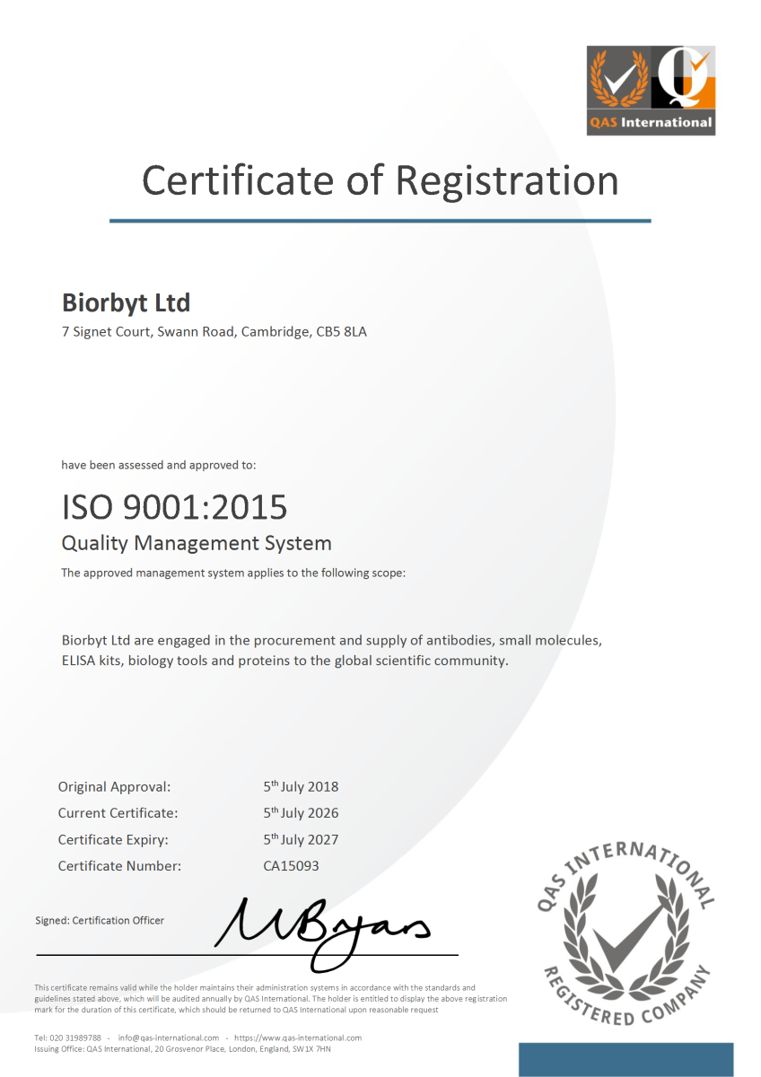 Biorbyt ISO 9001:2015 Quality Management System Certificate - Antibodies and Proteins Supply