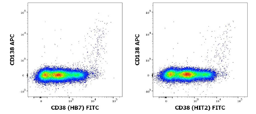 Figure 3: The reactivity patterns of FITC-labeled anti-CD38 clones HB7 and HIT2 are shown on B cells, evaluated relative to CD138 expression.